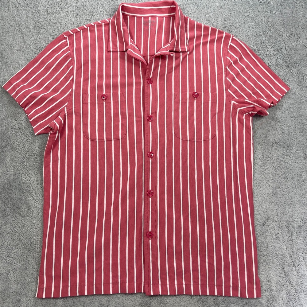 J.Crew Button Up Men Large Red White Striped Camp Shirt Short Sleeve Cotton